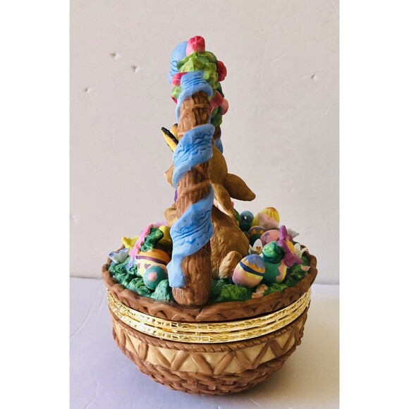 Porcelain Bunny In A Easter Egg Basket Rabbit Chickens Eggs, Flowers 9" Tall - Picture 8 of 12